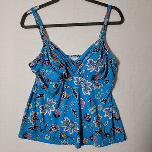Caribbean Joe Tankini Top Womens Sz 16 Built in Bra Blue Floral Print Vacation